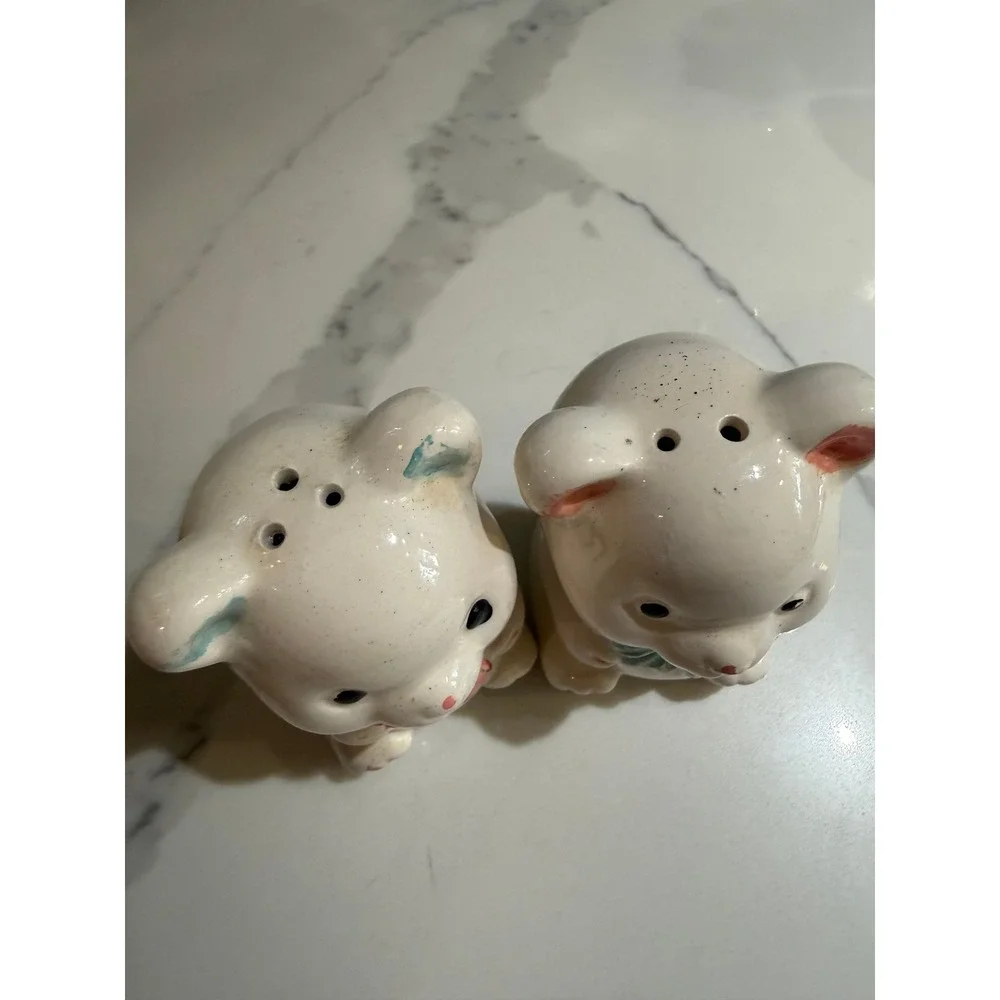 Vintage Teddy Bear Salt and Pepper Shakers Ceramic Pink Blue Bow Set of 2